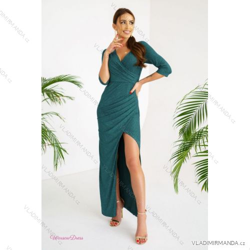 Women's Long Elegant Dress with Wide Straps (SL) FRENCH FASHION FMPEL23VELVET Green 34