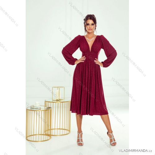 Women's Long Elegant Dress with Wide Straps (SL) FRENCH FASHION FMPEL23VELVET Wine 34