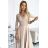 309-10 AMBER lace, elegant long dress with a neckline and leg slit - beige