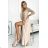 309-10 AMBER lace, elegant long dress with a neckline and leg slit - beige