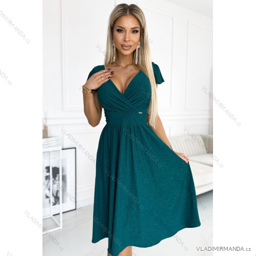 425-6 MATILDE Dress with a neckline and short sleeves - green with glitter