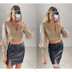 Women's Sparkly Sequin Long Sleeve Crop Top (S/M ONE SIZE) ITALIAN FASHION IMPBB22O5200/DUR