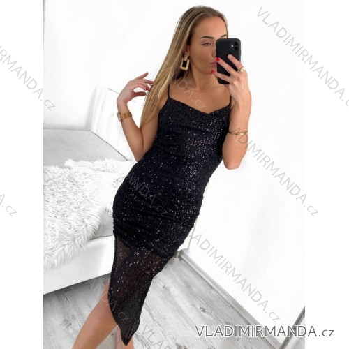 Women's Elegant Long Party Sparkly Sequin Strapless Dress (S/M ONE SIZE) ITALIAN FASHION IMWY224032 black S/M