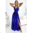 512-4 JULIET elegant long satin dress with a neckline and leg slit - royal blue