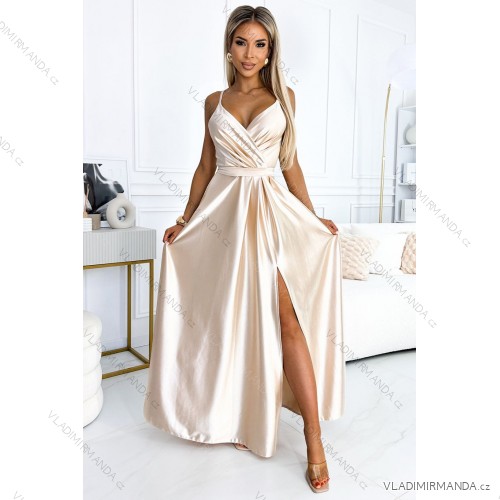 512-3 JULIET elegant long satin dress with a neckline and leg slit - Beige