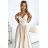 512-3 JULIET elegant long satin dress with a neckline and leg slit - Beige