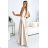 512-3 JULIET elegant long satin dress with a neckline and leg slit - Beige