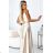 512-3 JULIET elegant long satin dress with a neckline and leg slit - Beige
