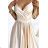 512-3 JULIET elegant long satin dress with a neckline and leg slit - Beige