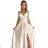 512-3 JULIET elegant long satin dress with a neckline and leg slit - Beige