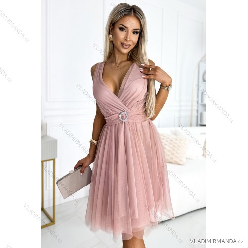 525-2 OLGA tulle dress with a neckline and decorative buckle - dirty pink
