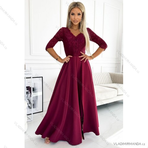 309-9 AMBER elegant long maxi dress with lace neckline - burgundy wine M