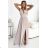 490-2 SUSAN Long brocade dress with a neckline and stitching at the waist - beige