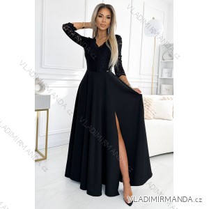 309-11 AMBER lace, elegant long dress with a neckline and leg slit - black