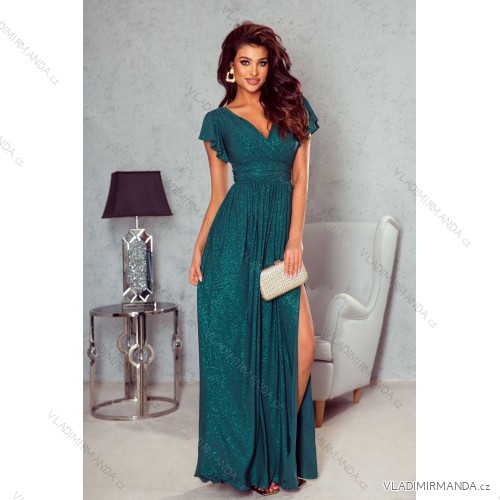 Women's Long Elegant Dress with Wide Straps (SL) FRENCH FASHION FMPEL23VELVET - dark green - 48