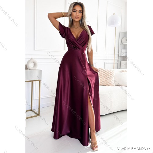 411-10 CRYSTAL satin long dress with a neckline - Burgundy color