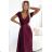411-10 CRYSTAL satin long dress with a neckline - Burgundy color