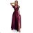 411-10 CRYSTAL satin long dress with a neckline - Burgundy color