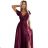 411-10 CRYSTAL satin long dress with a neckline - Burgundy color