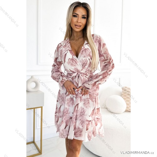514-1 Chiffon dress with a neckline, ruffles and a belt - beige flowers