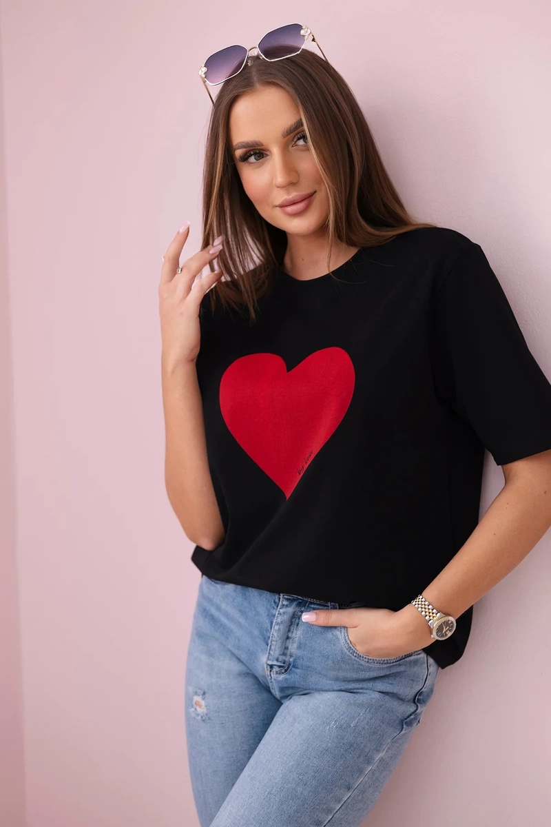 Cotton blouse with a heart print, black