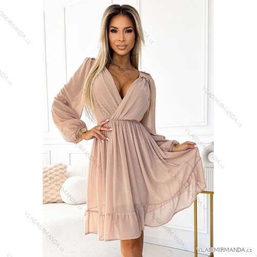 538-1 MILA Chiffon midi dress with long sleeves and neckline - beige