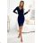 387-8 Fitted dress with an envelope neckline and long sleeves - dark blue with glitter