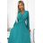 504-6 VIVIANA Pleated midi dress with a neckline, long sleeves and a wide belt - sea ​​color