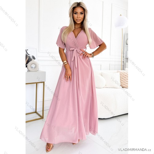 545-1 Long dress with a pleated neckline and ties - powder pink