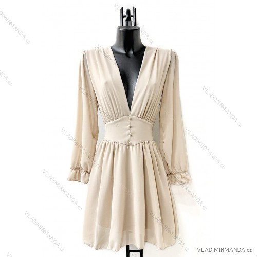 Women's Long Chiffon Short Sleeve Dress (S/M ONE SIZE) ITALIAN FASHION IMWGS231048 beige S / M