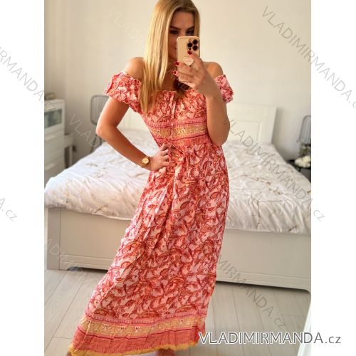 Women's Summer Short Sleeve Carmen Fringe Dress (M/L, XL/2XL ONE SIZE) ITALIAN FASHION IMB23B231 M / L pink