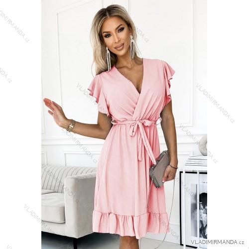 455-5 CORNELIA dress with frill, neckline and tie - pastel pink
