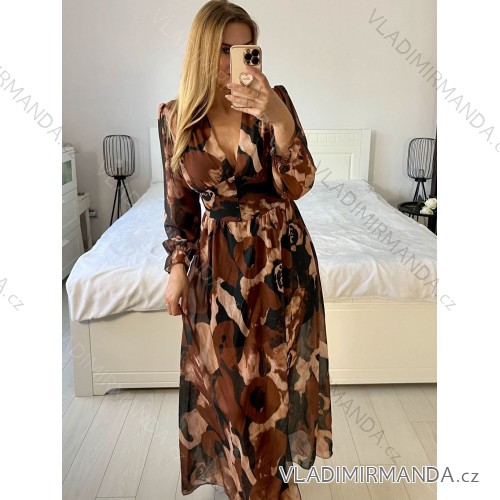 Women's Long Chiffon Short Sleeve Dress (S/M ONE SIZE) ITALIAN FASHION IMWGS231048 S / M Brown