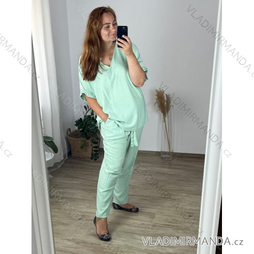 Women's Plus Size Long Pants and Long Sleeve Shirt Set (L/XL/2XL ONE SIZE) POLISH FASHION IMWT23BELLA -   zelená olivová -   56/58
