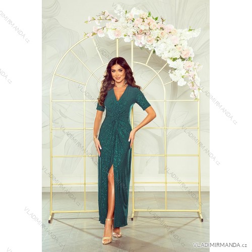 Women's Long Elegant Dress with Wide Straps (SL) FRENCH FASHION FMPEL23VELVET dark green 48