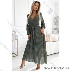 537-2 Pleated chiffon dress with scoop neckline, long sleeves and tied belt - KHAKI