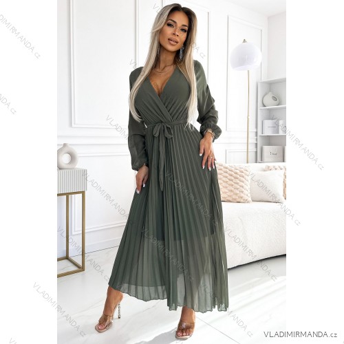 537-2 Pleated chiffon dress with scoop neckline, long sleeves and tied belt - KHAKI