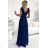 405-5 ELENA Long dress with a neckline and ties on the shoulders - navy blue with glitter