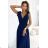 405-5 ELENA Long dress with a neckline and ties on the shoulders - navy blue with glitter