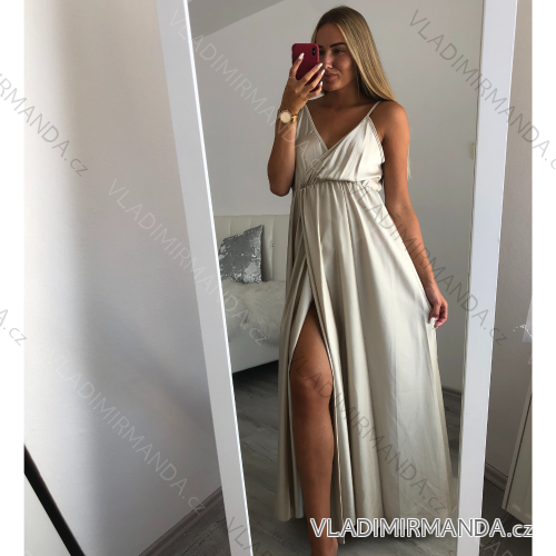 Šaty dlouhé letní saténové na ramínka dámské (UNI S/M) ITALSKÁ MÓDA IMM204431/DR Beige lights S / M