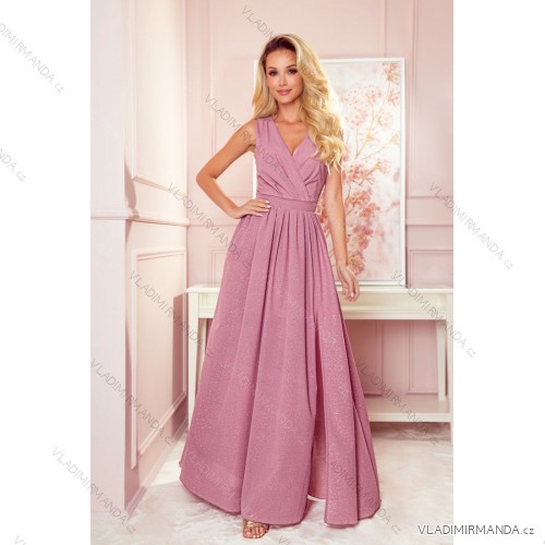 362-1 JUSTINE Long dress with a neckline and a tie - powder pink with glitter -   rose old rose -   S