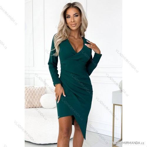 290-3 Asymmetrical dress with long sleeves, neckline and draping - green