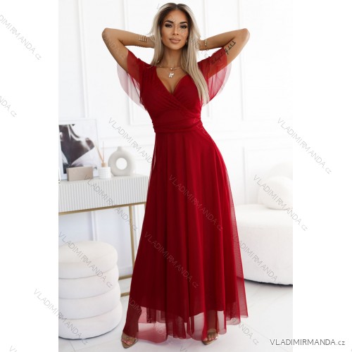 562-2 NASTIA Long dress with neckline and short sleeves - burgundy