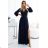 572-1 NELA shiny long gown with neckline and long sleeves - navy blue