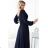 572-1 NELA shiny long gown with neckline and long sleeves - navy blue