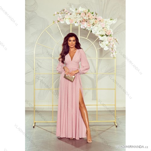 Women's Long Elegant Dress with Wide Straps (SL) FRENCH FASHION FMPEL23VELVET rose old rose 34