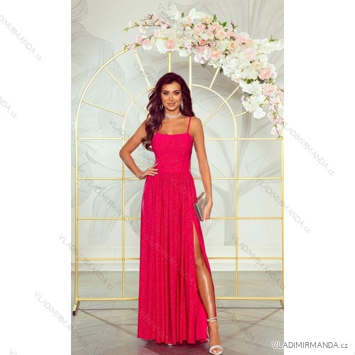Women's Long Elegant Dress with Wide Straps (SL) FRENCH FASHION FMPEL23VELVET růžová fuchsiová 34