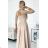 309-10 AMBER lace, elegant long dress with a neckline and leg slit - beige beige XL