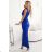 580-3 AURORA long satin one shoulder dress with roses - blue color