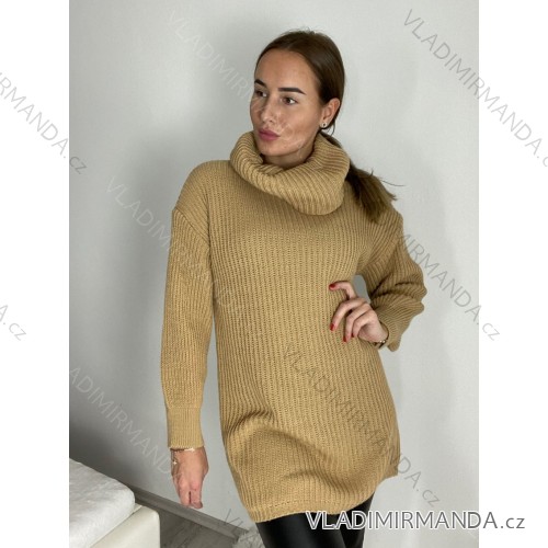 Women's Short Knitted Turtleneck Long Sleeve Dress (S/M/L ONE SIZE) ITALIAN FASHION IMPLI248123 S/M/L Brown